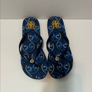 Tory Burch Navy and Yellow Logo Pattern Flip Flops - Women’s Size 10